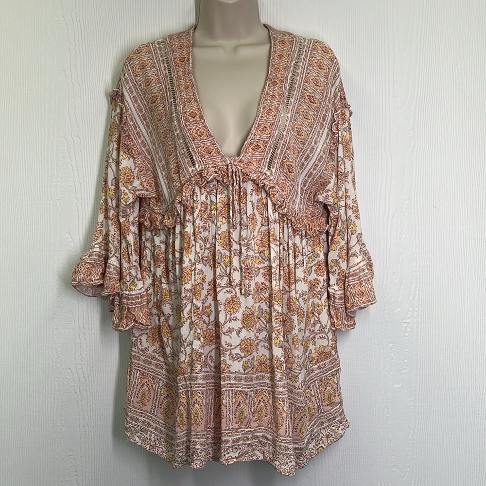 Free People - Moonlight Dance Floral V Neck Boho 3/4 Sleeve Blouse Size Small - Picture 2 of 12
